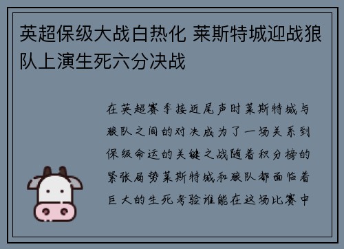 英超保级大战白热化 莱斯特城迎战狼队上演生死六分决战