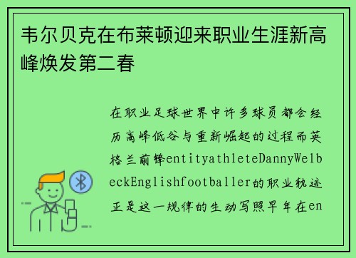 韦尔贝克在布莱顿迎来职业生涯新高峰焕发第二春